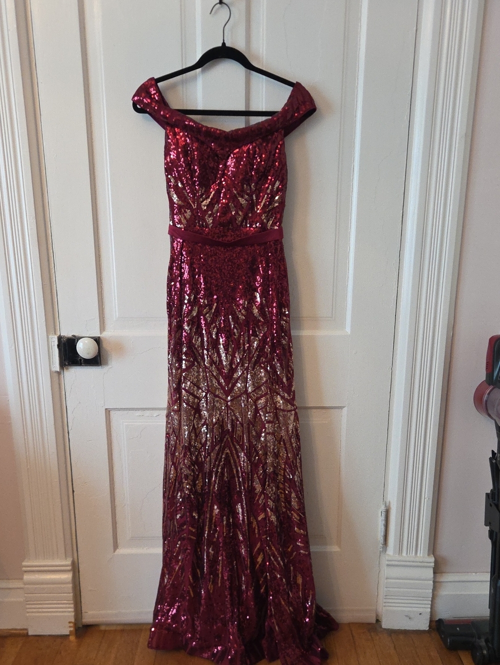 Strapless Sequin Evening Gown in Burgundy and Gold